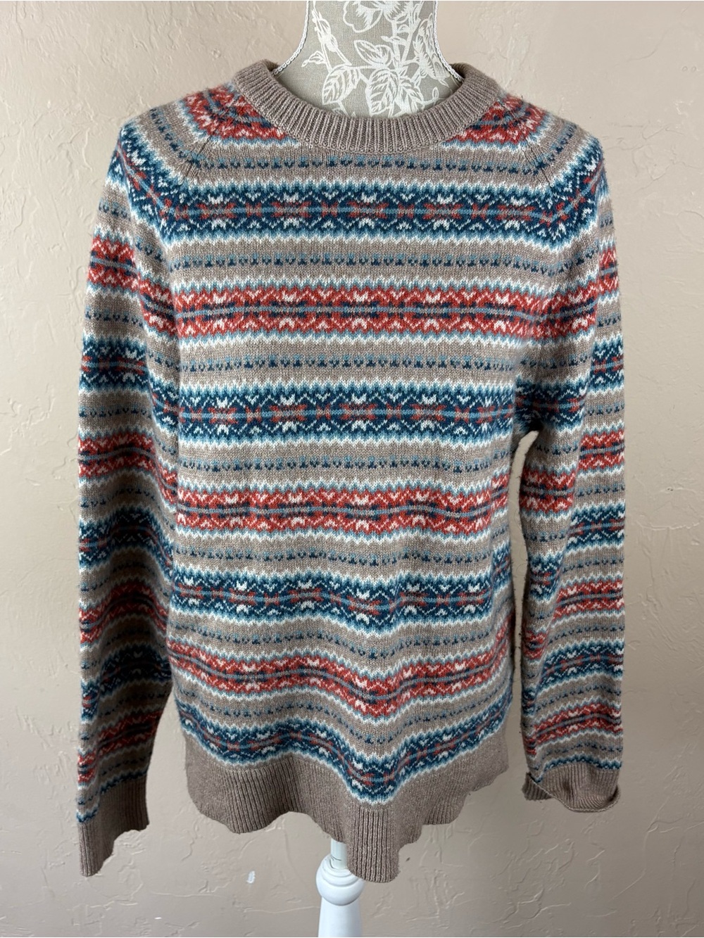 J Crew Tan Blue Fair Isle Nordic Sweater Wool Blend Crew Neck Women’s Size Large